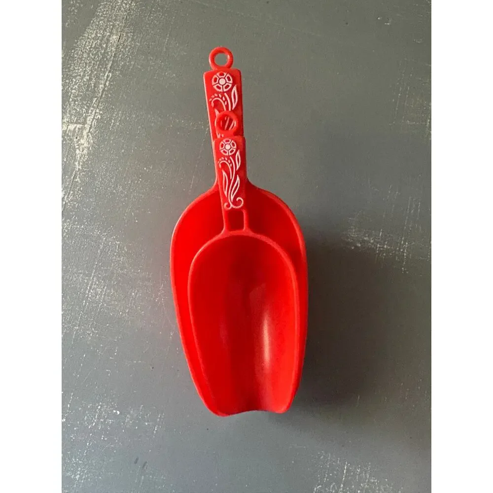 Vintage Red Plastic Scoops Set of 2 White Floral Handles Retro Kitchen Utility